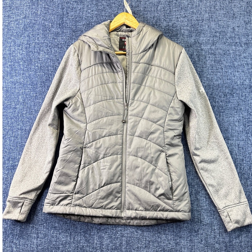 Swiss Alps Hybrid Puffer Jacket Womens Large Gray Polyester Quilted Hooded Zip